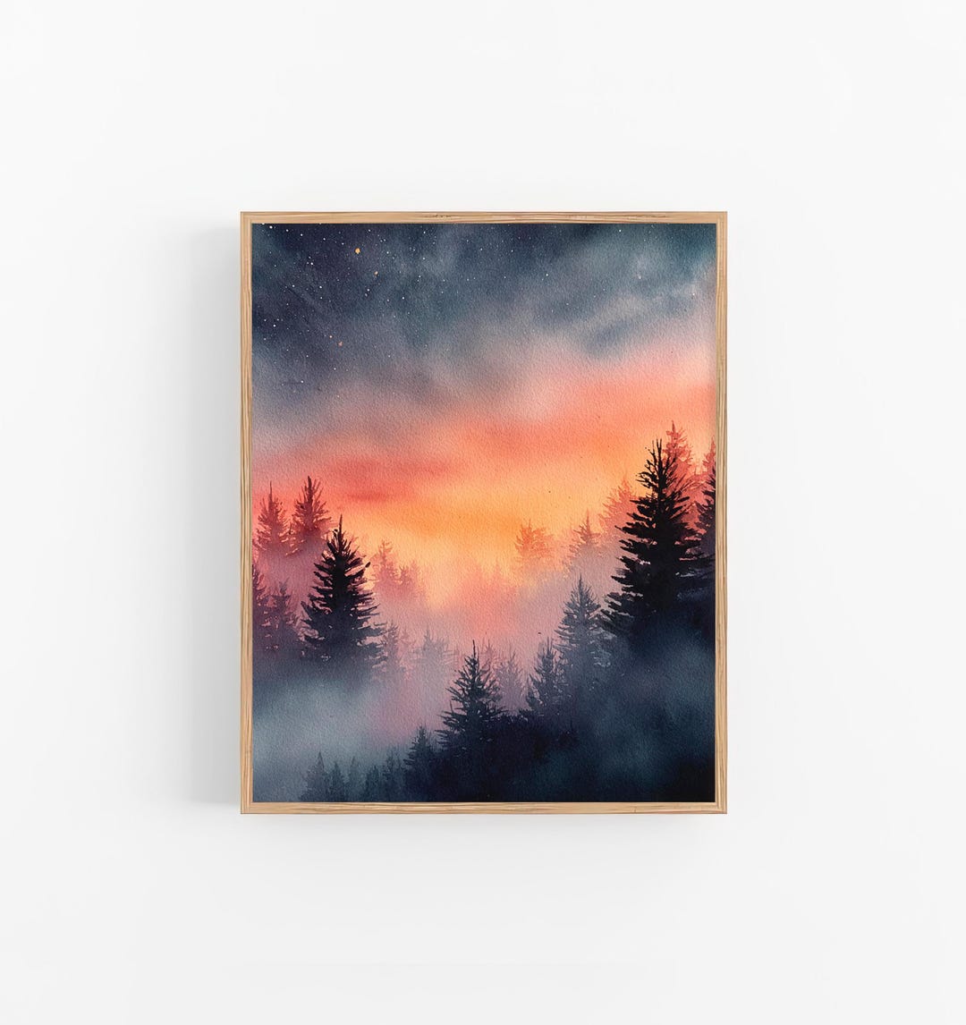 Misty Pine Forest Watercolor Painting Art Print on Paper Night Sky Wall ...