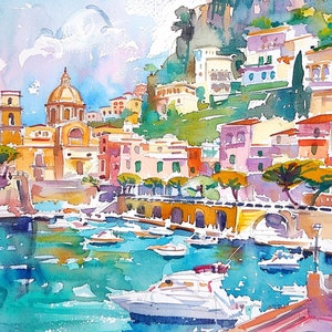 ソレント 水彩画 イタリアの都市景観 アートプリント イタリア ウォールアート 装飾 旅行ギフト FeelingPrints