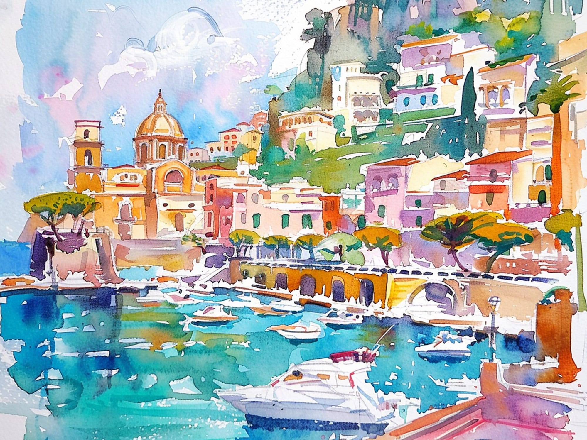 Sorrento Watercolor Painting Italian Cityscape Art Print Italy