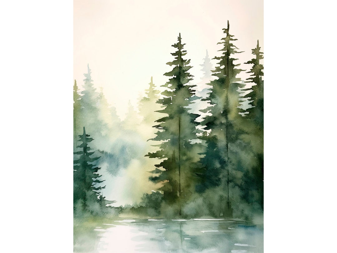Tahoe Lake Art Print Pine Trees Painting Foggy Lake Watercolor Artwork ...