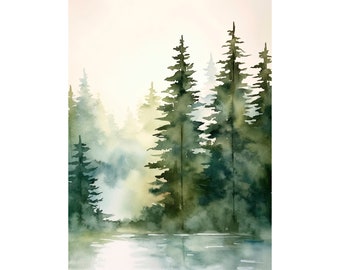 Tahoe Lake Art Print Pine Trees Painting Foggy Lake Watercolor Artwork Abstract Landscape Pine Forest Artwork