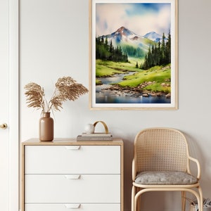 May include: A watercolour painting of a mountain landscape with a river flowing through it. The mountains are green and blue, and the river is a light blue. The sky is a light blue with white clouds.