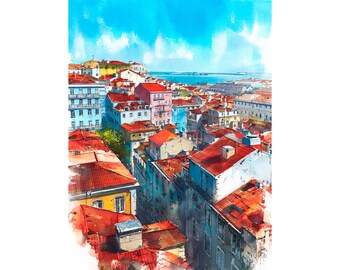 May include: Watercolor painting of a cityscape with red-tiled roofs, colorful buildings, and a bright blue sky. The artwork depicts a European town with a view of the sea in the distance. The style is loose and impressionistic.
