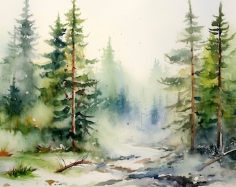 Montagne Rocciose, acquerello, pino, foresta nebbiosa, stampa artistica ad acquerello, poster da parete della foresta del Colorado, di FeelingPrints