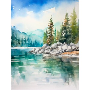 Puede incluir: Pintura acuarela de una escena de lago con una cordillera de montañas en el fondo. El lago es de un color azul verdoso vibrante y las montañas son de un verde suave. Hay varios pinos en la orilla del lago.