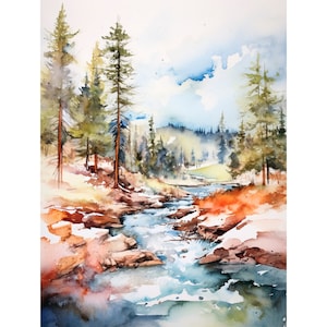 イエローストーン国立公園の水彩画 ラマーバレー アートプリント 水彩風景山々のアートワーク、FeelingPrints 作