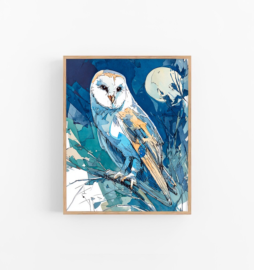 Barn Owl Watercolor Print Moonlit Owl Art Night Bird Wall Decor Blue ...