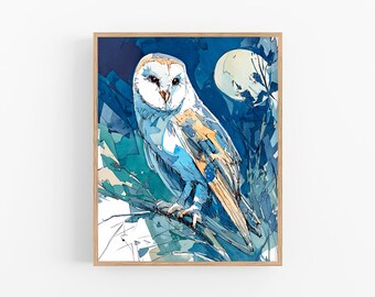 Barn Owl Watercolor Print Moonlit Owl Art Night Bird Wall Decor Blue Wildlife Painting Nature Lover Gift by FeelingPrints