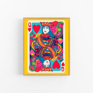 Impression d'art Reine de coeur Pop Art, affiche de cartes à jouer, décoration murale colorée, carte de reine psychédélique rétro, cadeau pour elle