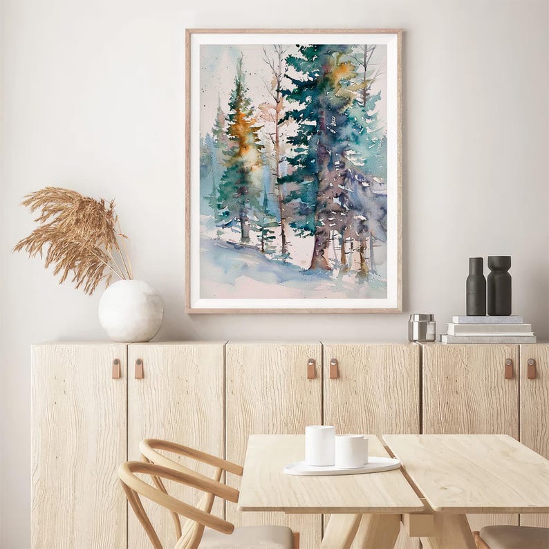Winter Pine Forest Watercolor Painting Pine Trees Art Print Snow Forest ...