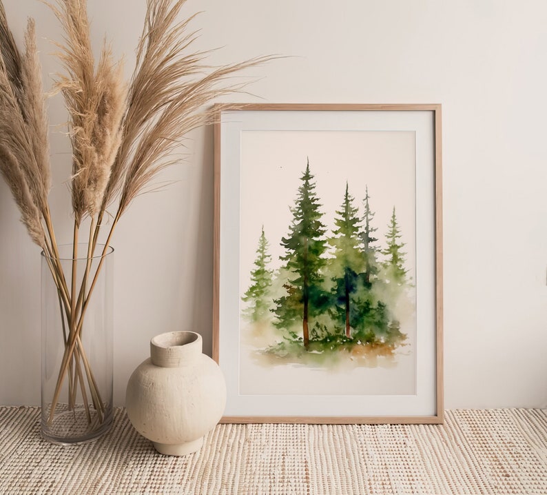 Pacific Northwest Forest Watercolor Painting Pine Trees Art Print Misty ...