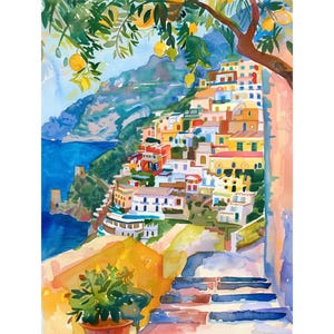 ポジターノの絵画 イタリアの都市景観 水彩画 アートプリント アマルフィ海岸 ウォールアート ポスター 旅行ギフト FeelingPrints
