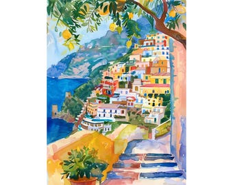Positano Painting Italian Cityscape Watercolor Art Print Amalfi Coast Wall Art Poster Travel Gifts by FeelingPrints