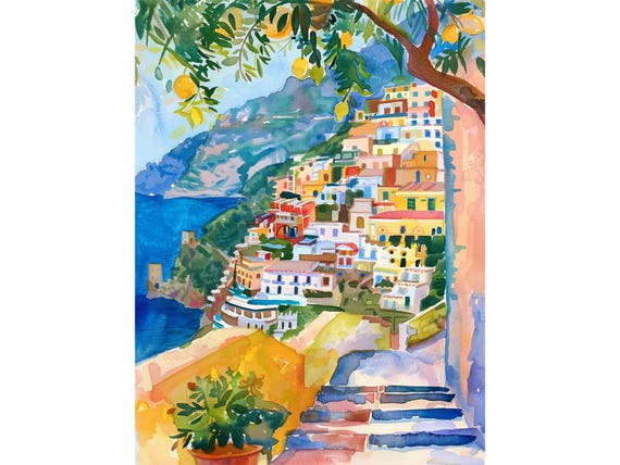 Positano Painting Italian Cityscape Watercolor Art Print Amalfi Coast Wall Art Poster Travel Gifts by FeelingPrints