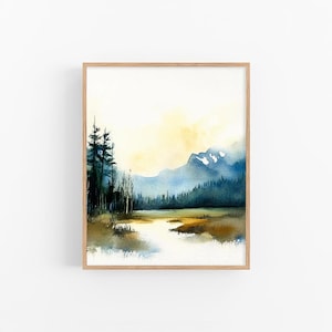 Rocky Mountains Watercolor Print Misty Forest and Lake Landscape Wall Art Serene Nature Scene Decor Minimalist Art by FeelingPrints
