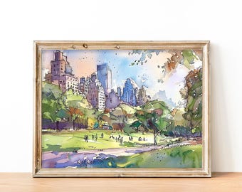 Pintura de acuarela de Central Park, paisaje urbano de Nueva York, impresión artística de acuarela, impresión de arte mural de Nueva York, regalos de FeelingPrints