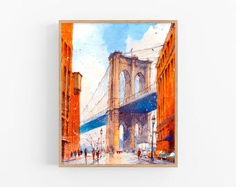 Brooklyn Bridge Watercolor Painting New York City Wall Art Urban Landscape Print NYC Architecture Artwork by FeelingPrints