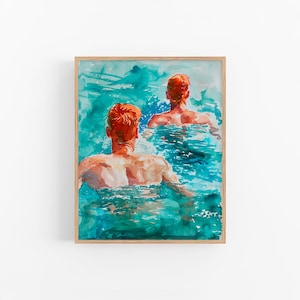 Stampa artistica di uomini rossi che nuotano, pittura ad acquerello di ragazzi rossi, stampa artistica da parete di FeelingPrints