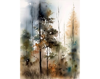 Foggy Forest Watercolor Art Print Pine Trees Painting Vermont Landscape by FeelingPrints