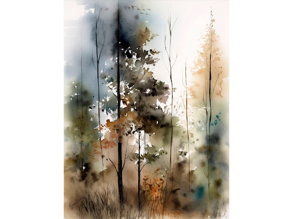 Foggy Forest Watercolor Art Print Pine Trees Painting Vermont Landscape by FeelingPrints