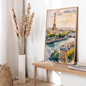 Puede incluir: Una pintura de acuarela de la Torre Eiffel en Par&iacute;s, Francia. La pintura muestra la torre desde la distancia, con el r&iacute;o Sena en primer plano y edificios en el fondo. La pintura est&aacute; realizada en un estilo ligero y aireado, con colores suaves y pinceladas.