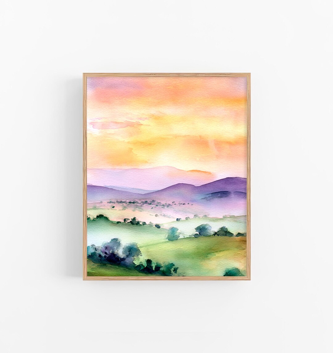Sunset Landscape Watercolor Print Rolling Hills Wall Art Purple ...