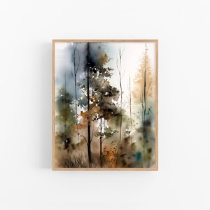 May include: Watercolor painting of a forest scene with tall trees in shades of brown, green, and blue. The trees are painted in a loose, impressionistic style, creating a sense of depth and atmosphere.
