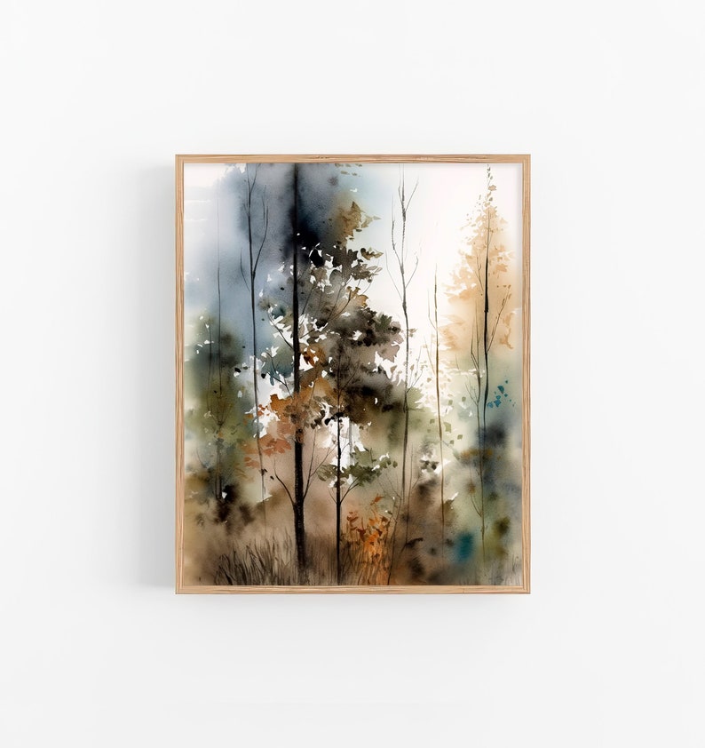 May include: Watercolor painting of a forest scene with tall trees in shades of brown, green, and blue. The trees are painted in a loose, impressionistic style, creating a sense of depth and atmosphere.