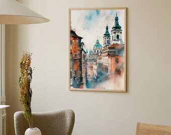プラハの水彩画 チェコの街並み アートプリント ニュートラルな旅行
