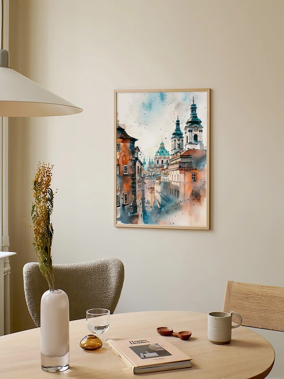 プラハの水彩画 チェコの街並み アートプリント ニュートラルな旅行