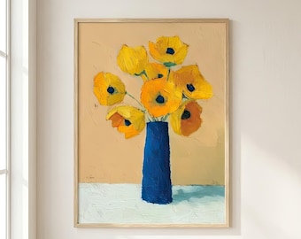 California Poppies Painting Yellow Poppy Floral Art Print Modern Flower Vase Artwork Warm Minimal Wall Art Gift by FeelingPrints