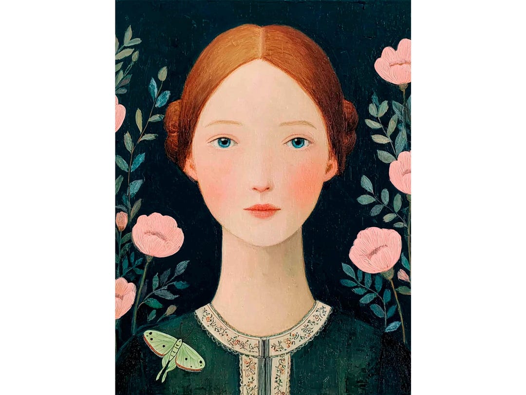 Folk Inspired Woman Portrait Print Painting Floral Girl Artwork Naive ...