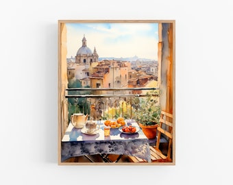 Sicily Breakfeast Painting Italy Cityscape Watercolor Art Print Travel Art Poster Kitchen Wall Art