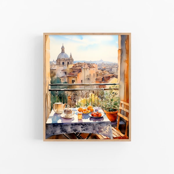 Petit déjeuner en Sicile, peinture Italie paysage urbain, impression d'art à l'aquarelle, affiche d'art de voyage, art mural de cuisine