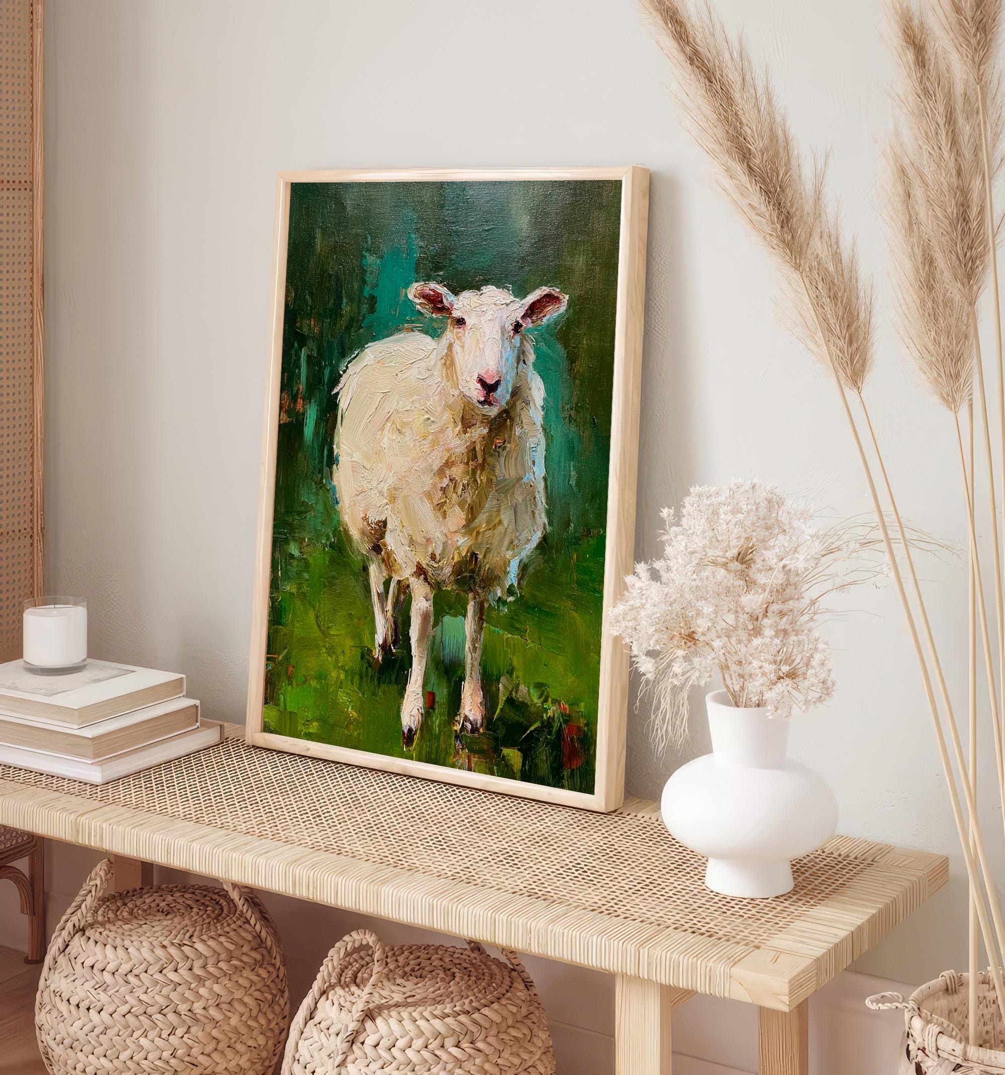 Sheep Oil Painting Animal Wall Art Farmhouse Decor Rustic Artwork Green ...