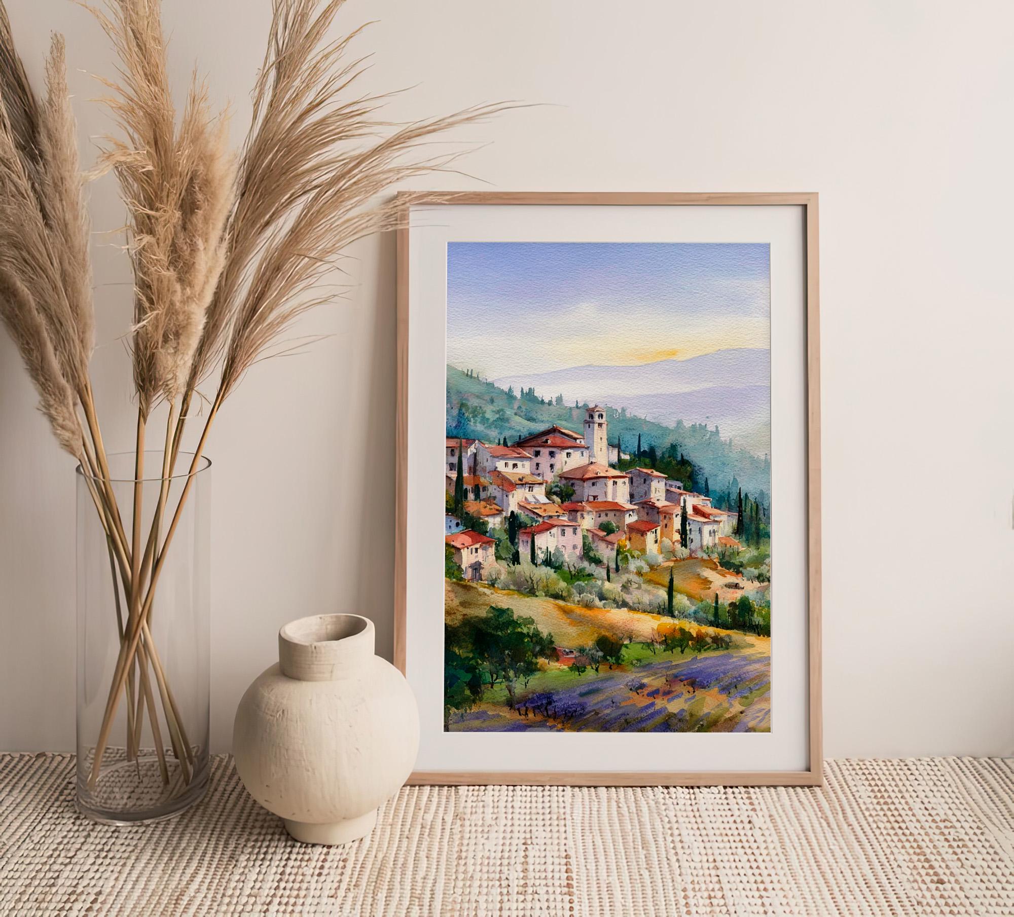 トスカーナの村の水彩画プリント イタリアの風景画 壁アート 田舎の丘