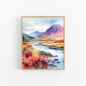 Glen Coe Watercolor Painting Scotland Landscape Art Print Mountains Artwork by FeelingPrints