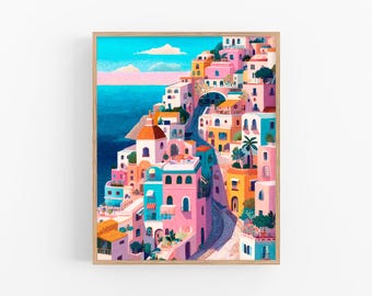 ポジターノの絵画 イタリア沿岸都市の壁画 地中海のカラフルな家々 旅行アートプリント アマルフィ海岸の装飾 FeelingPrints