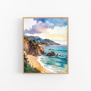 Pintura de paisaje marino de Big Sur, costa de California, impresión artística en acuarela, regalos de Navidad de FeelingPrints