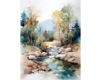 Lake Clark Watercolor Art Print Alaska Landscape Painting Mountain Wall Art