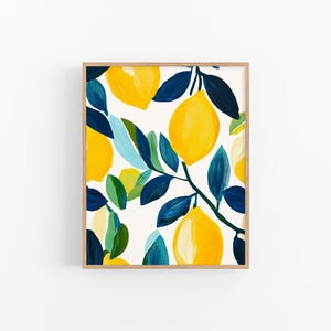 Arte mural de rama de limón, decoración moderna para cocina, impresión de cítricos, obra botánica abstracta en amarillo y azul, estilo mediterráneo de FeelingPrints