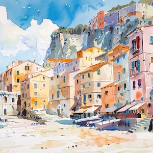 Scilla Aquarell Kunstdruck Kalabrien Stadtbild Italienische Meerlandschaft Wandkunst by FeelingPrints