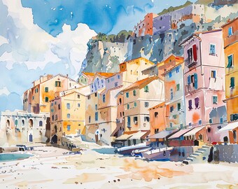 カラブリア絵画 南イタリア 水彩画 イタリアの村のアートプリント