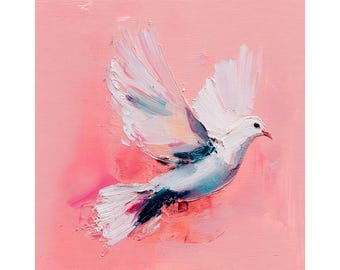 キャンバスに描かれたオリジナルの鳩の油絵、平和と愛の鳥のアート