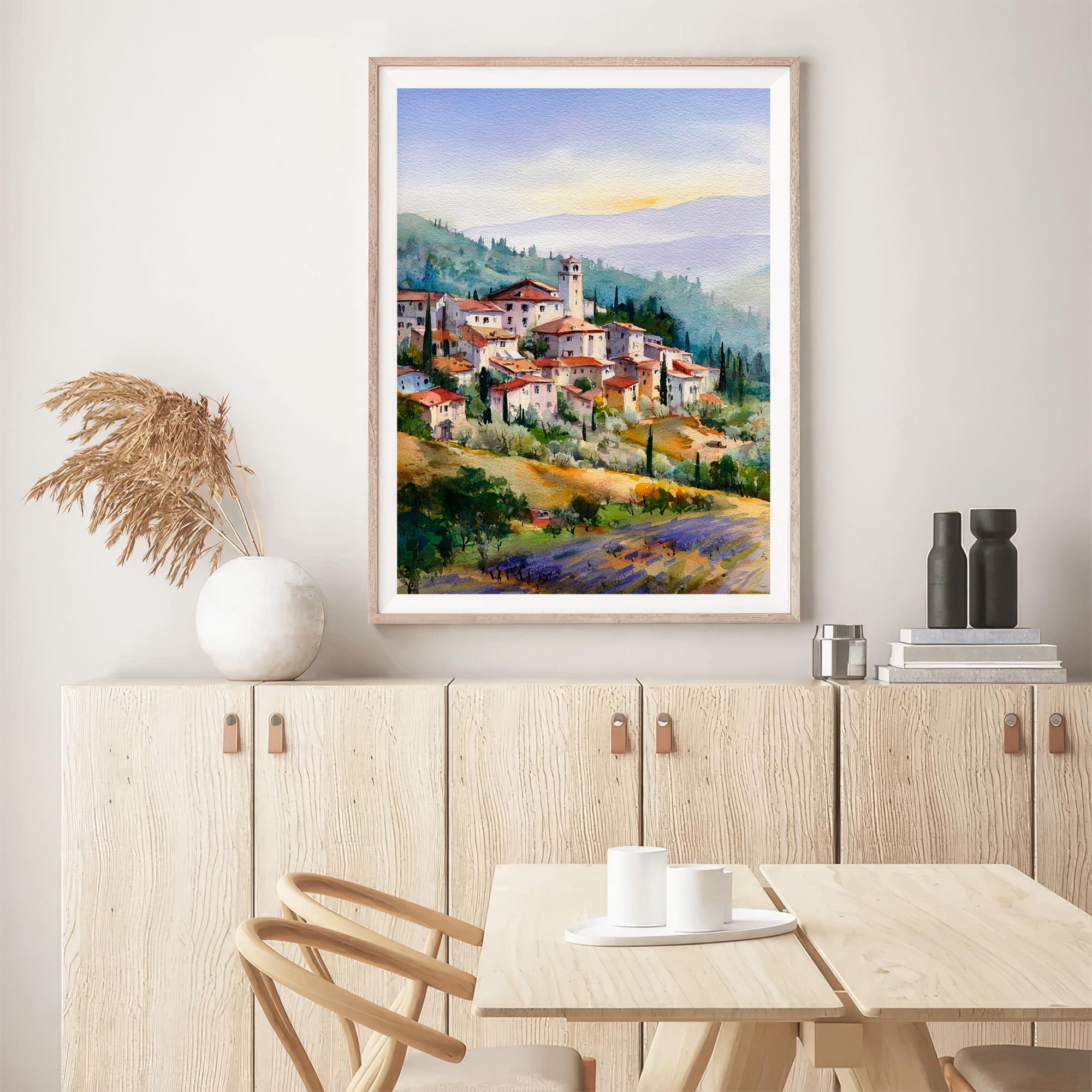 トスカーナの村の水彩画プリント イタリアの風景画 壁アート 田舎の丘
