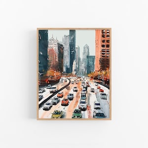 Stampa artistica ad acquerello del traffico di Chicago, dipinto dello skyline della città, paesaggio urbano, arte murale