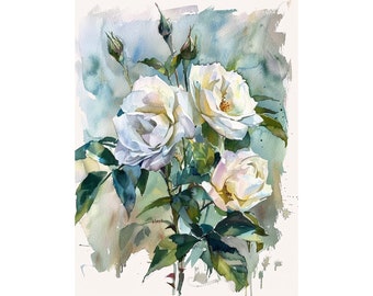 May include: Watercolor painting of white roses with green leaves and buds against a blue and green background.