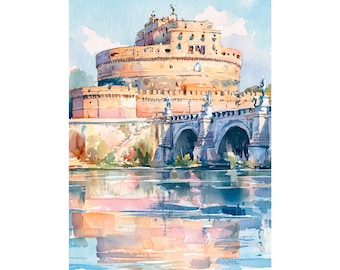 Lámina de acuarela del Castillo de Sant'Angelo, arte mural de Roma en papel, decoración de lugares emblemáticos de Italia para viajes.