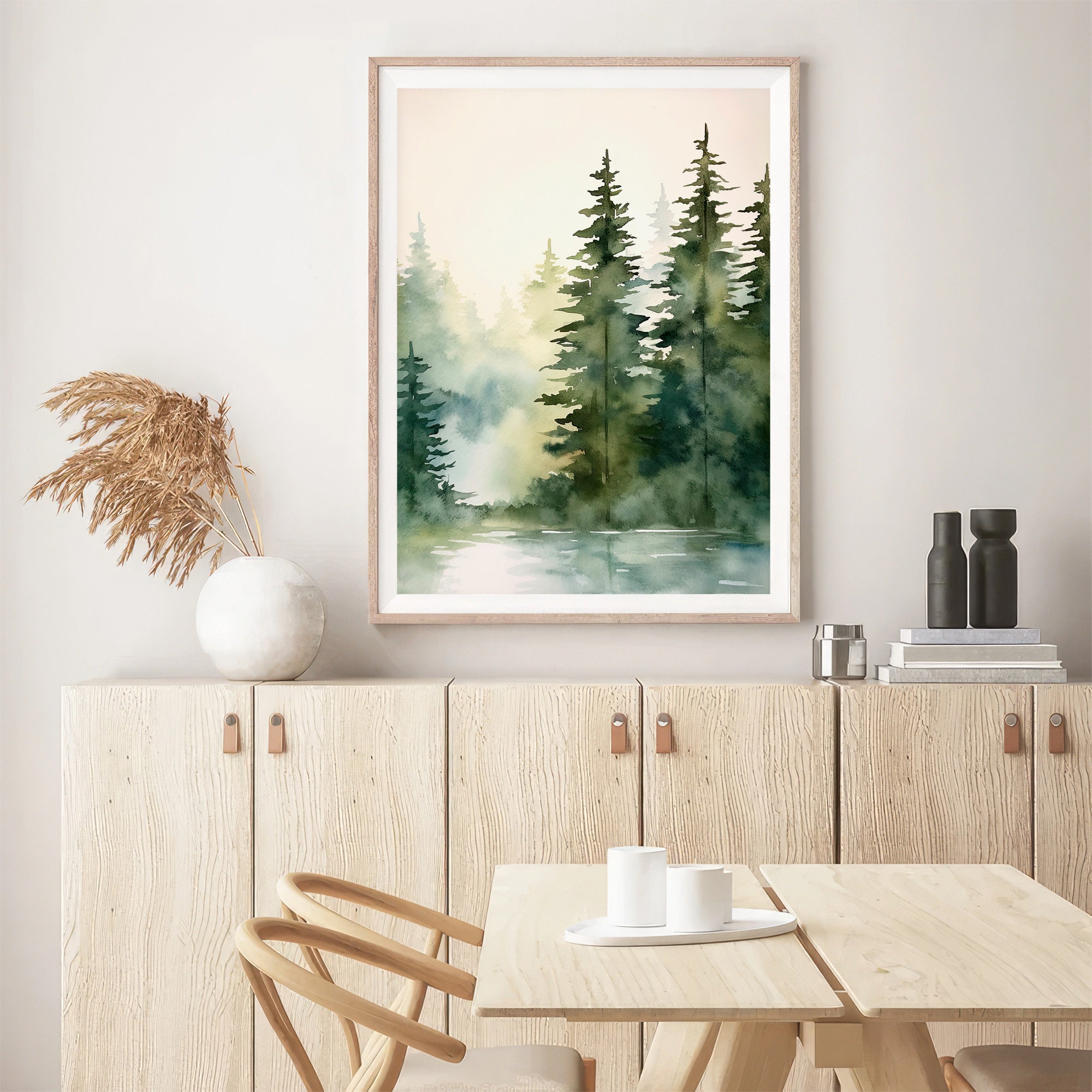 Tahoe Lake Art Print Pine Trees Painting Foggy Lake Watercolor Artwork ...