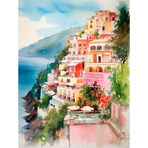 May include: Watercolour painting of colourful buildings on a cliffside overlooking a blue ocean. The buildings are painted in shades of pink, yellow, orange, and red. Lush green trees and foliage are visible in the foreground.